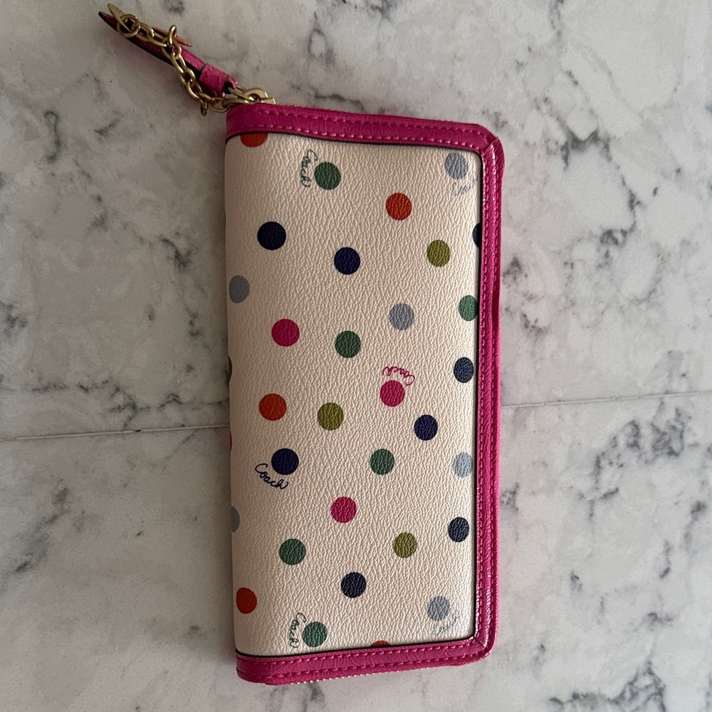 Coach Cream Wallet with Pink Trim and Multicolor Dots
